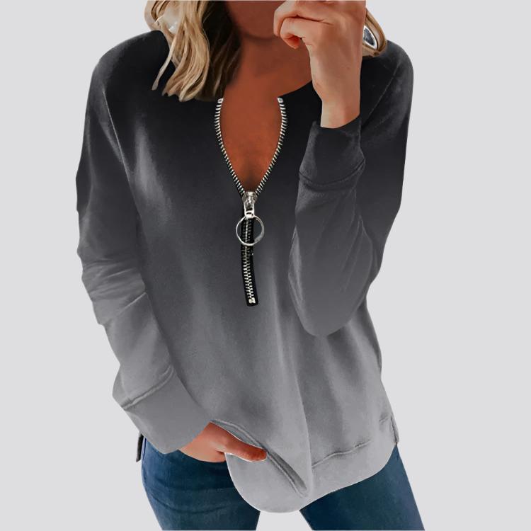 V-neck Long-sleeved Faded Flame Loose Zipper T-shirt