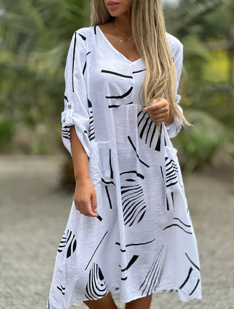 Fashion Printed V Neck Long Sleeve Dress Casual Loose Straight Dress Women's Clothing