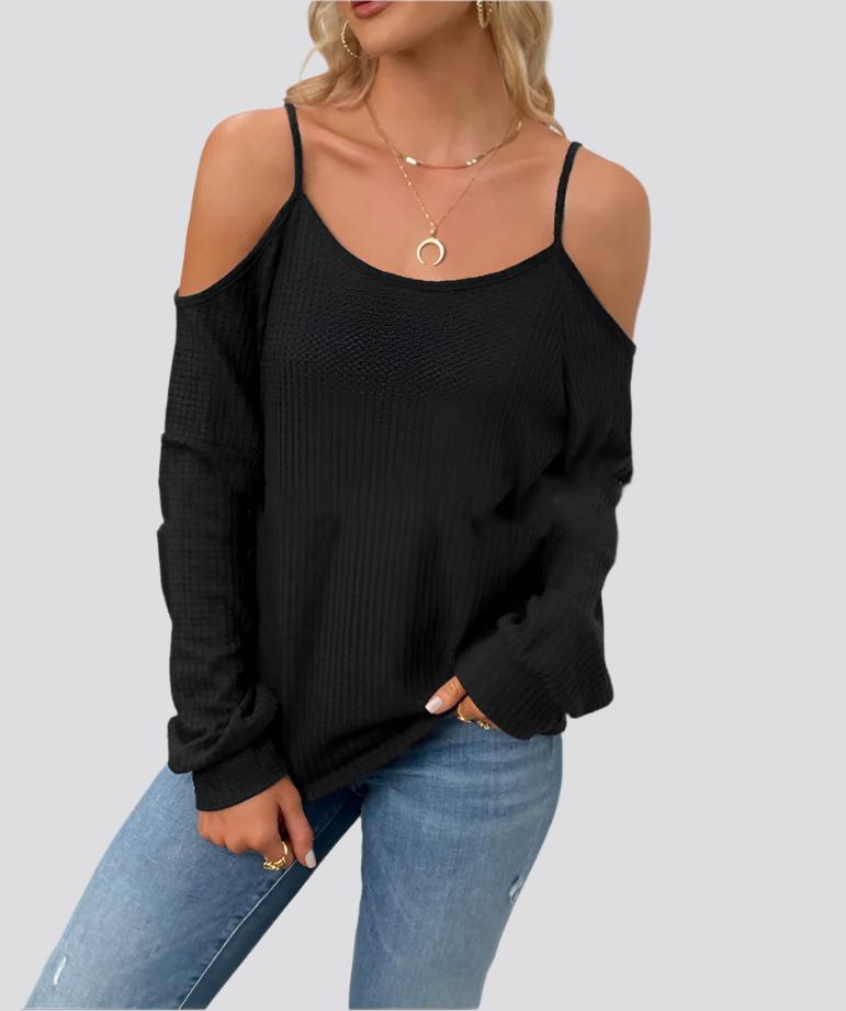 Long-Sleeved Waffle Shoulder Strap Top