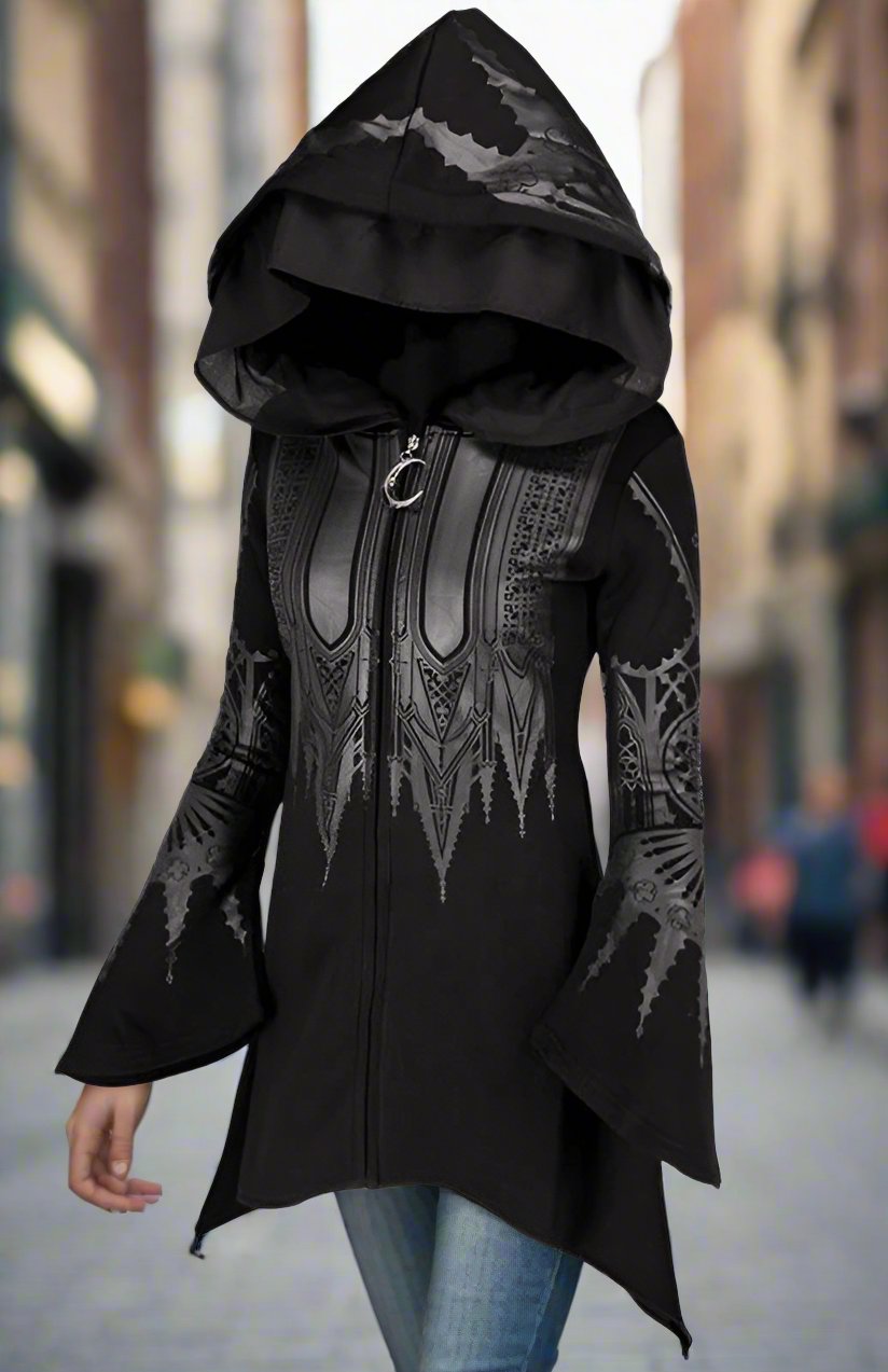 Halloween Cosplay Hoodie Women's Punk Black Long Hooded Printed Sweater