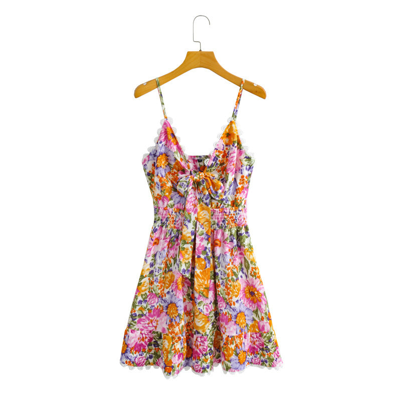 Women's Fashion Casual Lace Decoration Front Knotted Printing Slip Dress