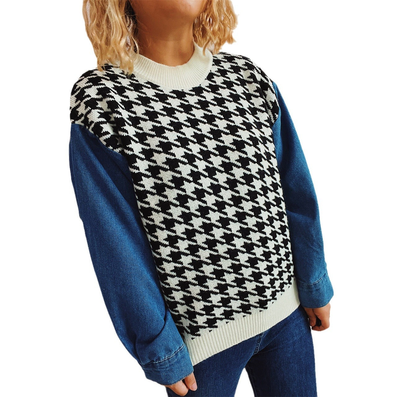 Women's Denim Sleeve Stitching Houndstooth Round Neck Long Sleeve Sweater