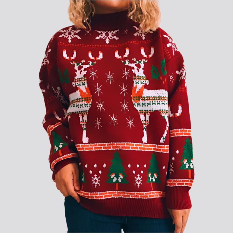 Women's Fashion Christmas Theme Elk Snowflake Christmas Tree Knitted Sweater