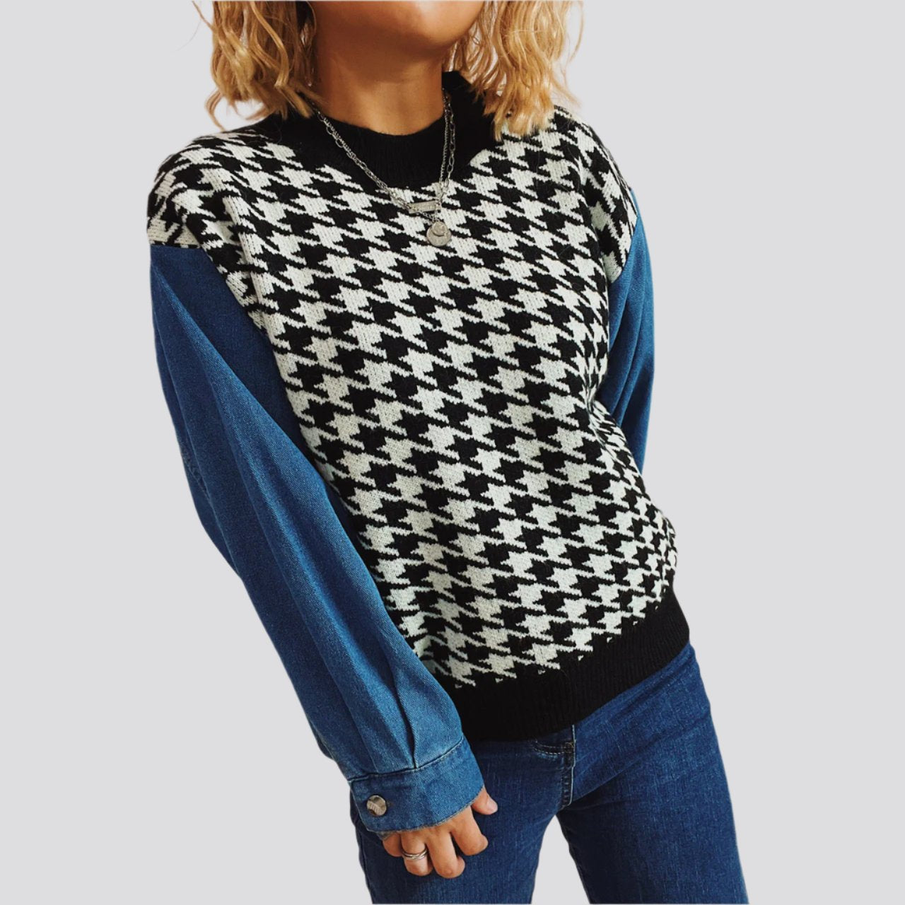 Women's Denim Sleeve Stitching Houndstooth Round Neck Long Sleeve Sweater