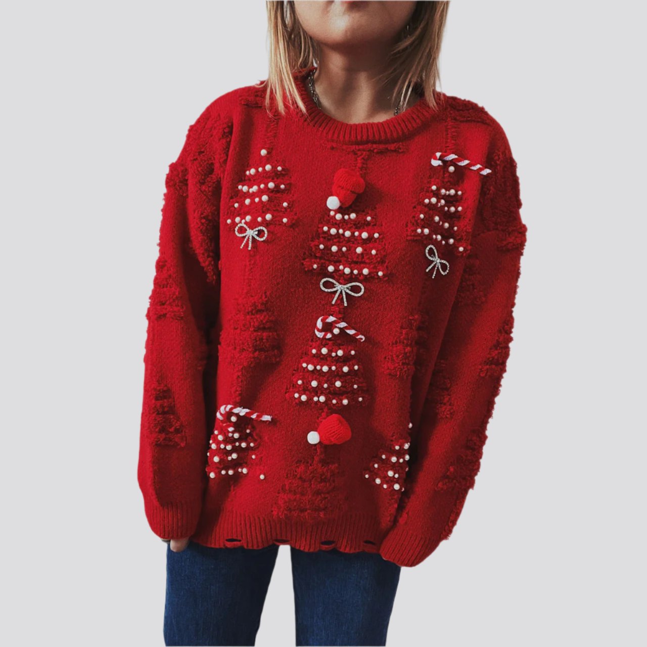 Women's Fashion Handmade Pearl Christmas Theme Sweater