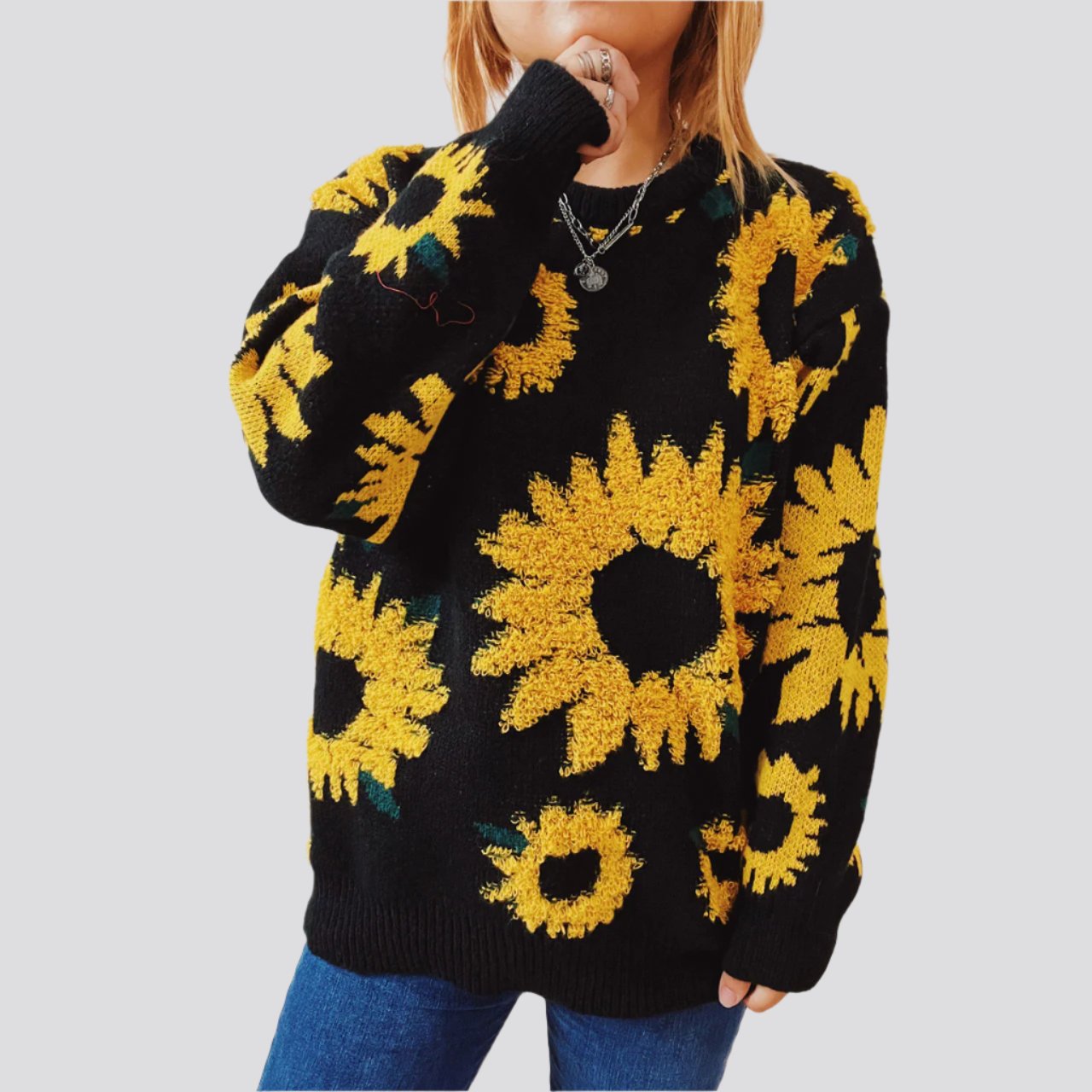 Women's Fashion Casual Sunflower Jacquard Round Neck Long Sleeve Sweater