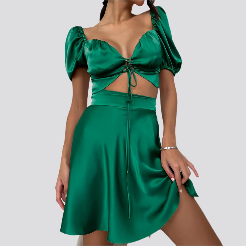 Women's Fashion V-neck Slim-fit Crop-top A- Line Skirt Suit