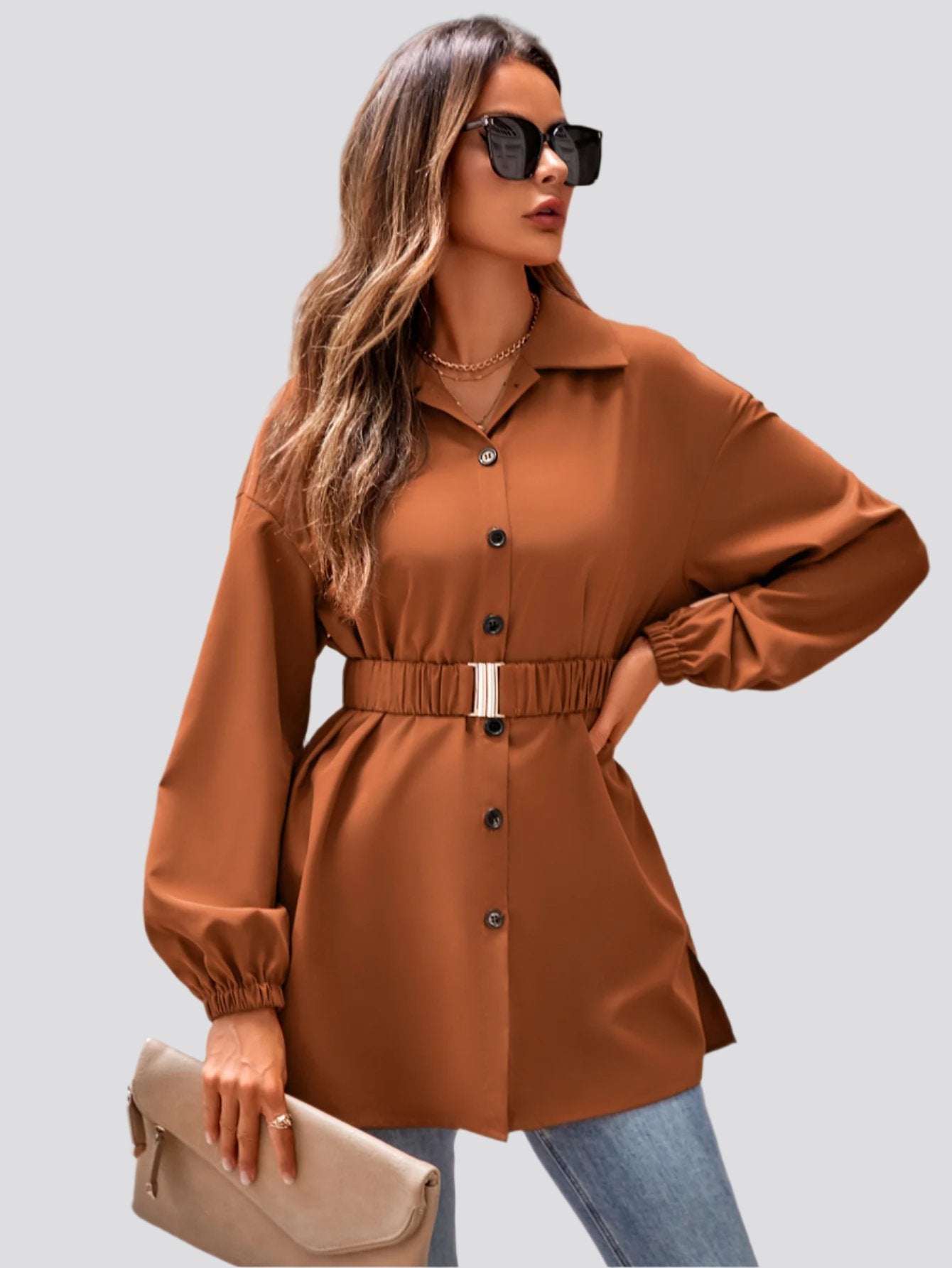 Single Breasted Belt Shirt Coat Women