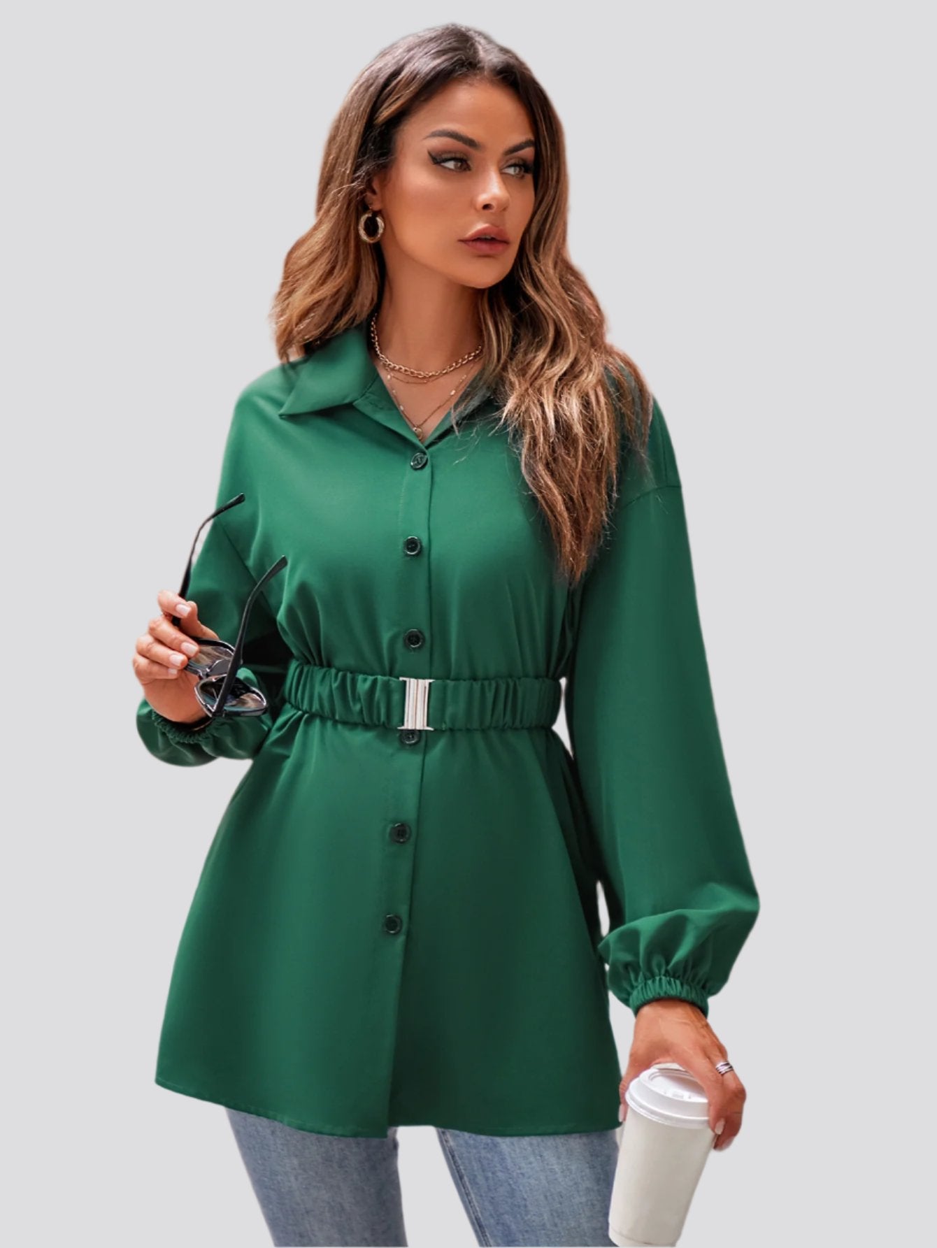 Single Breasted Belt Shirt Coat Women