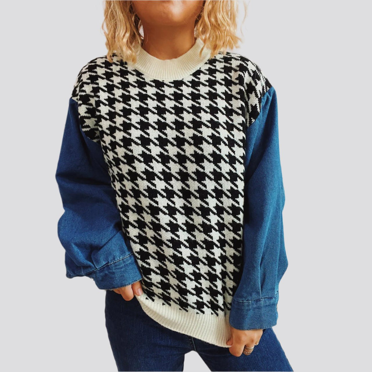 Women's Denim Sleeve Stitching Houndstooth Round Neck Long Sleeve Sweater