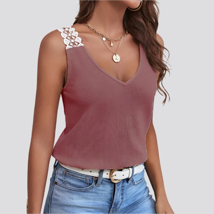 Waffle V-Neck Vest Sleeveless Lace Tank Shirt Tops Summer