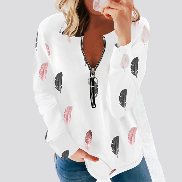 Women's V-neck Zipper Feather Print Long Sleeve Loose T-shirt