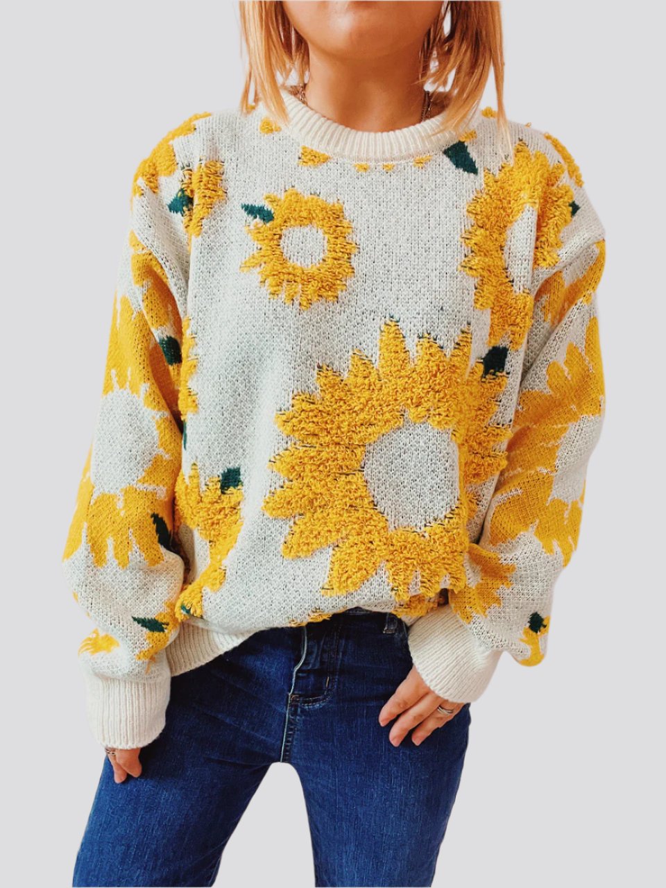 Women's Fashion Casual Sunflower Jacquard Round Neck Long Sleeve Sweater