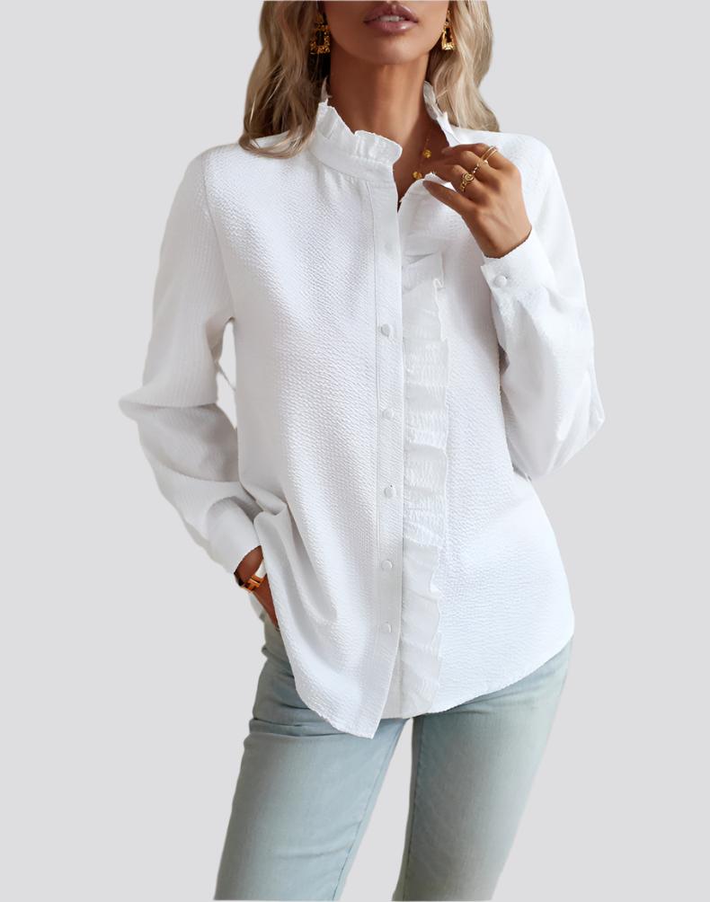 Striped Long Sleeve Shirt Fashion Ruffle Design Button Up Tops Casual Office Blouse Elegant Commuting Women's Clothing