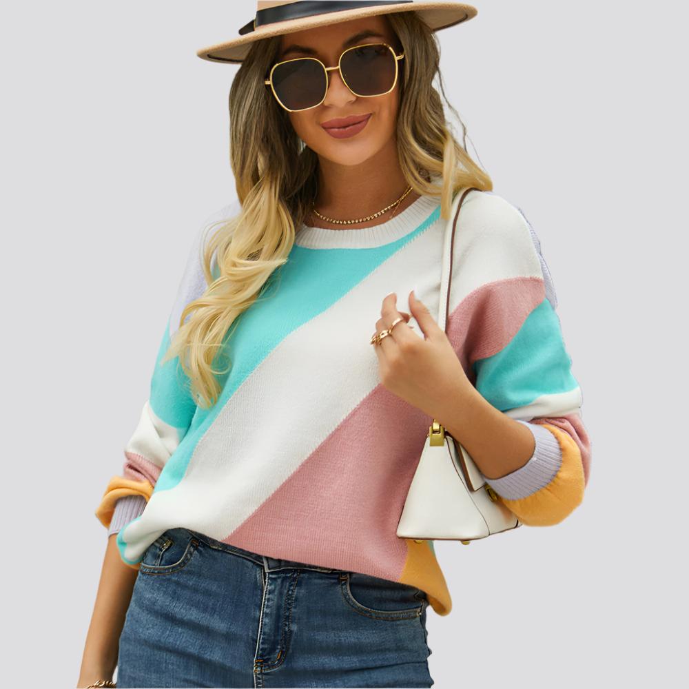 Women's Fashionable Simple Striped Patchwork Round Neck Sweater