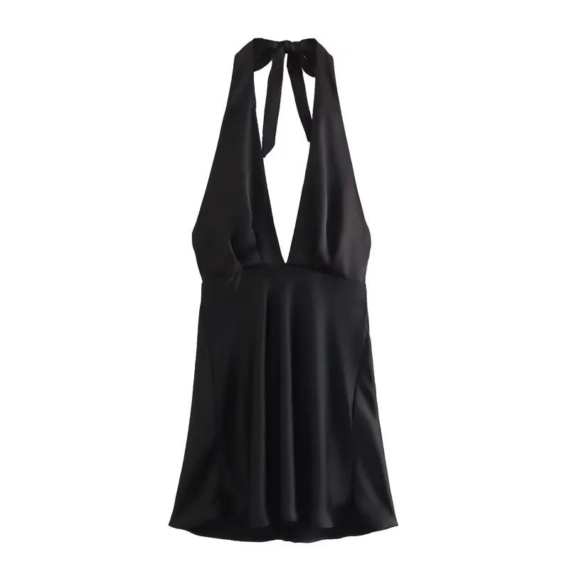 Women's Fashion Silk Satin Texture Mini Halter Dress