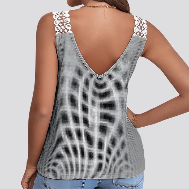 Waffle V-Neck Vest Sleeveless Lace Tank Shirt Tops Summer