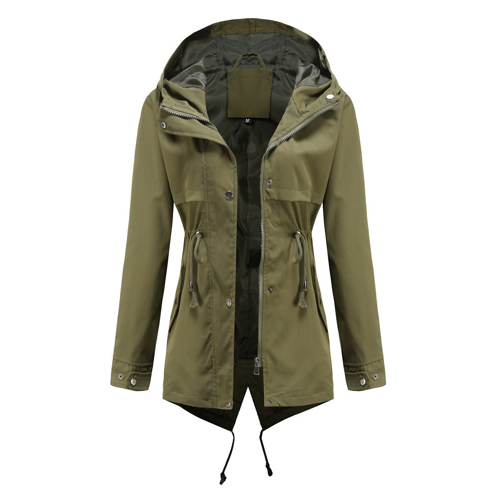 Windbreaker Mid-length Hooded Jacket With Waist Waist Outdoor Raincoat