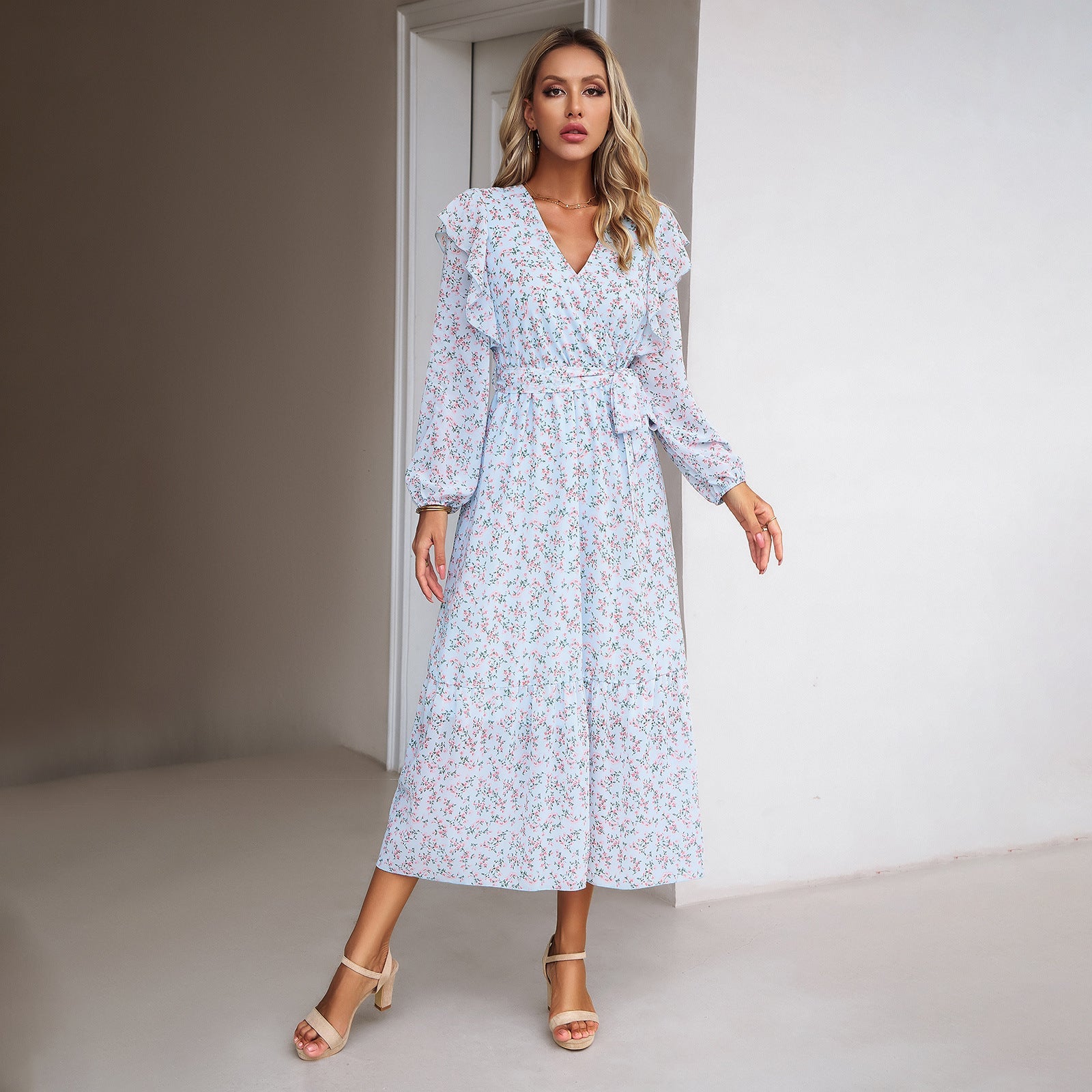 Fashion Casual Floral V-neck Long-sleeve Dress Women