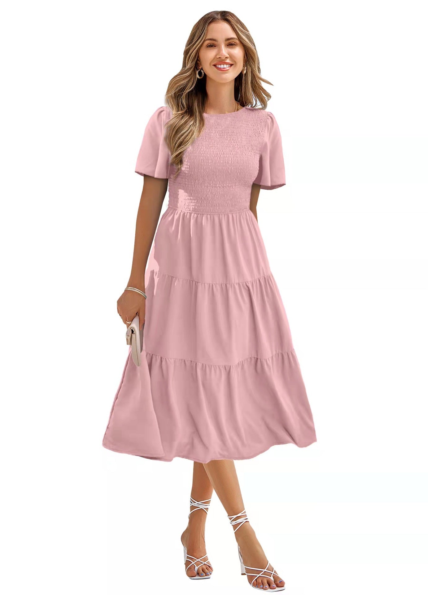 Women's Round Neck Smocked Short Sleeve Casual Dress Swing Flowy Ruffle Hem Mini Beach Summer Dresses