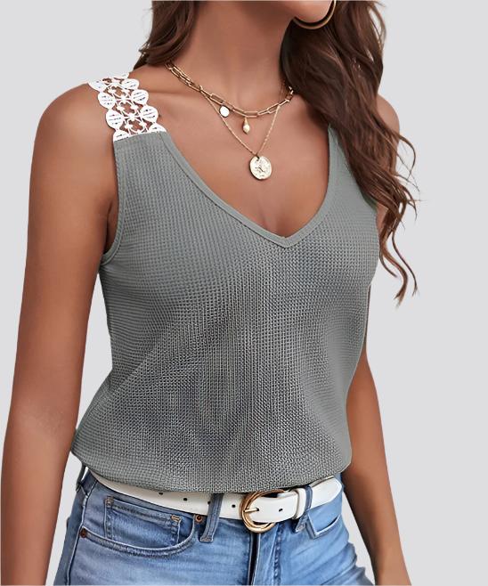 Waffle V-Neck Vest Sleeveless Lace Tank Shirt Tops Summer