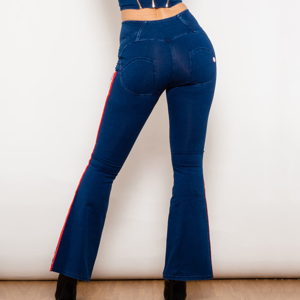 Shascullfites Melody Dark Blue Striped Flared Lift Jeggings Button Up Jeans Bum Lift Jeans High Waist Flare Jeans Women