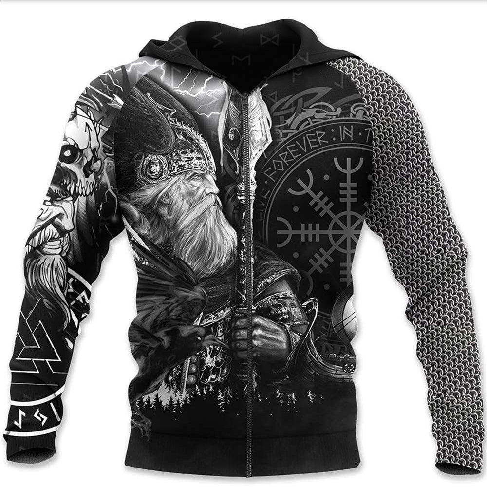 Viking Warrior Tattoo Series Printed Zip Hoodie Sweatshirt