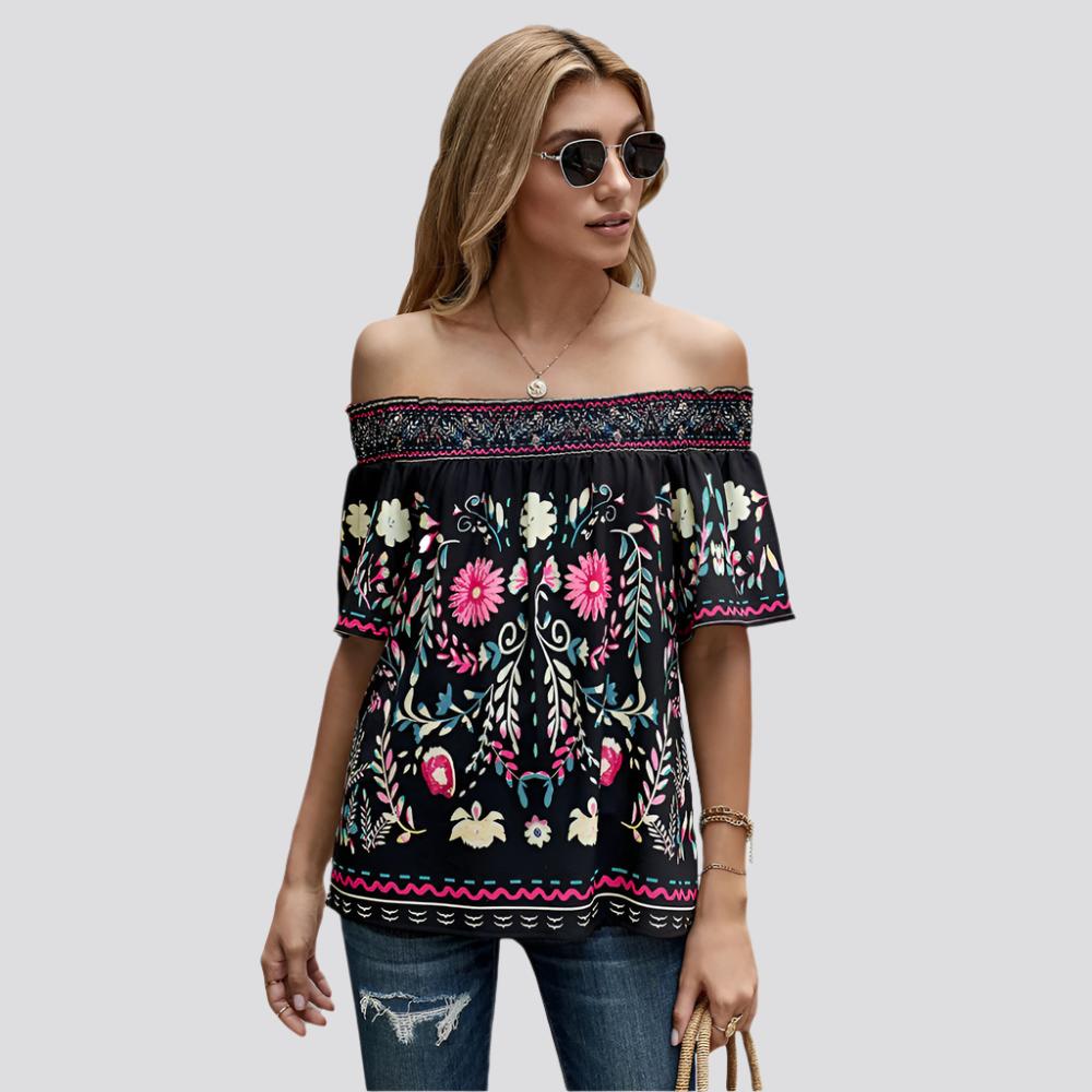 Women's Printed T-shirt Loose Off Shoulder Top