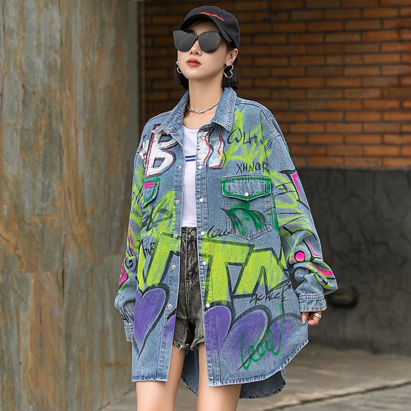 Graffiti Print Denim Jacket Women Loose Fried Street