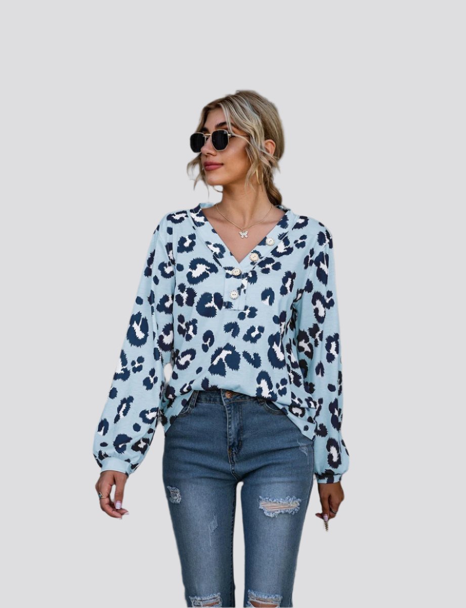 Leopard Print Printed V-neck Off-the-shoulder Long Sleeve T-shirt