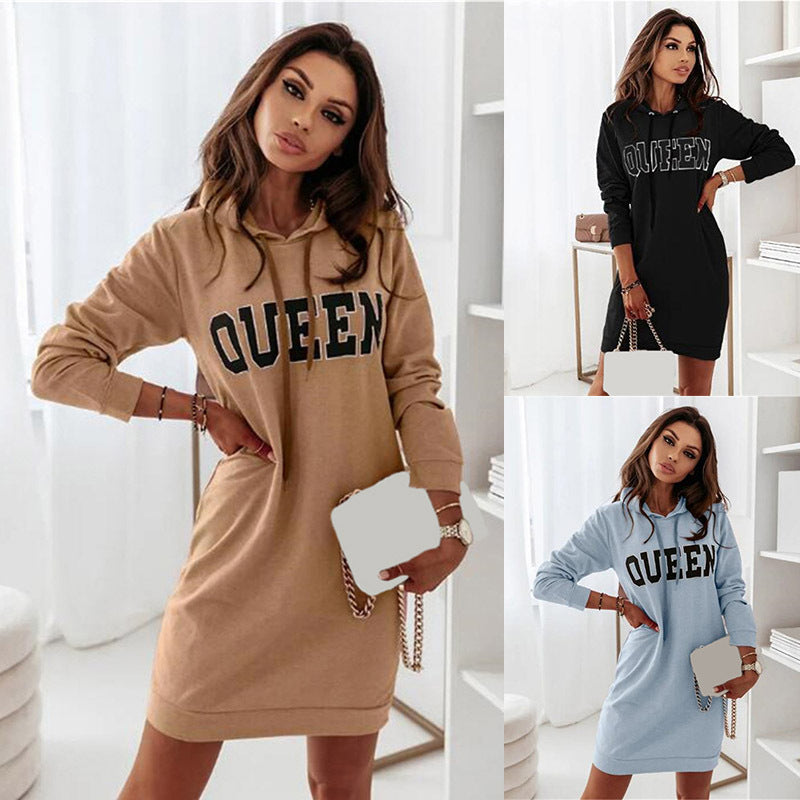 Long Sleeve Hooded Letter Sports Casual Dress