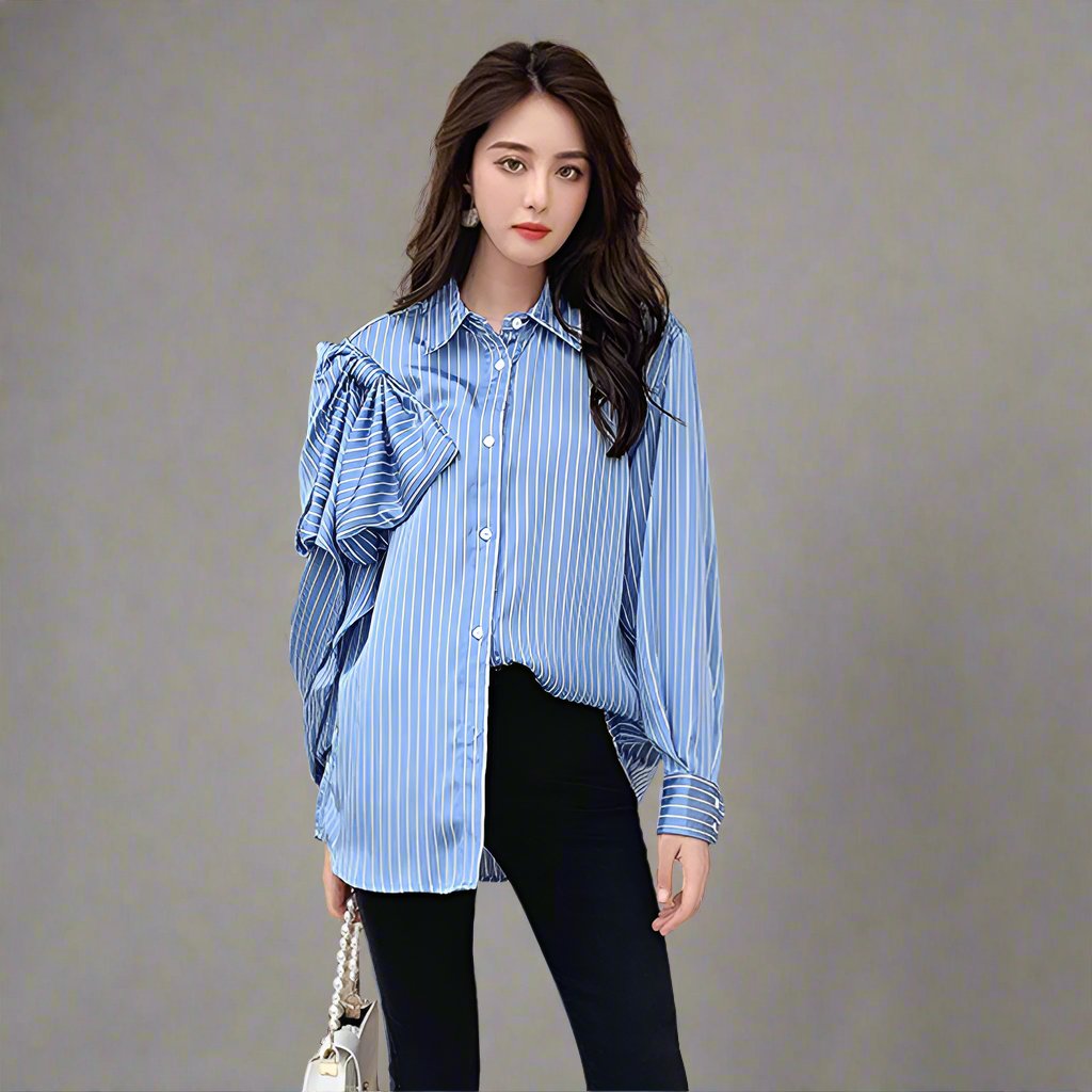 Casual Blue Striped Shirts For Women Lapel Long Sleeve Korean Bowknot Patchwork Blouses