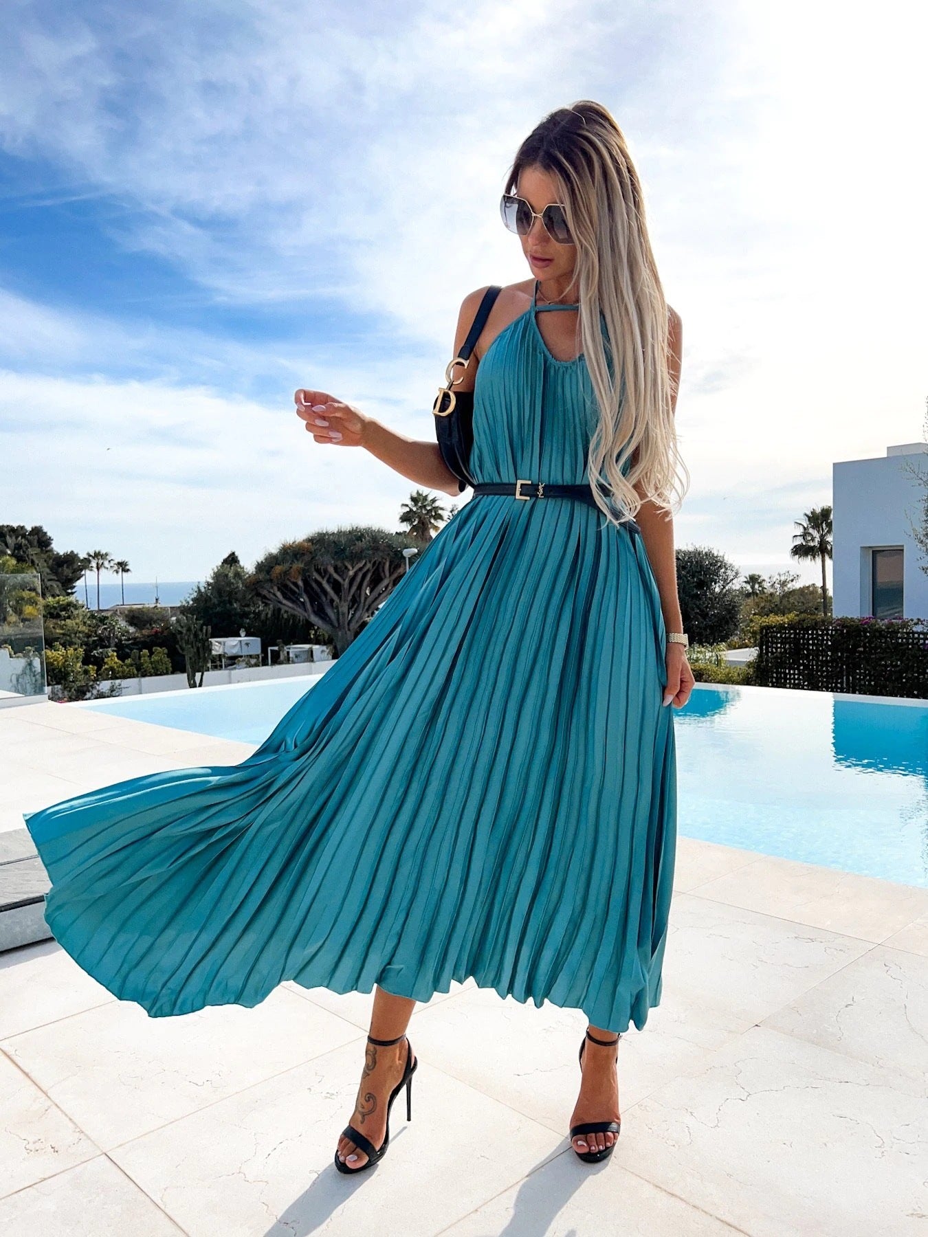 Pleated Suspender Sweet Waist Trimming Bohemian Maxi Dress With Belt