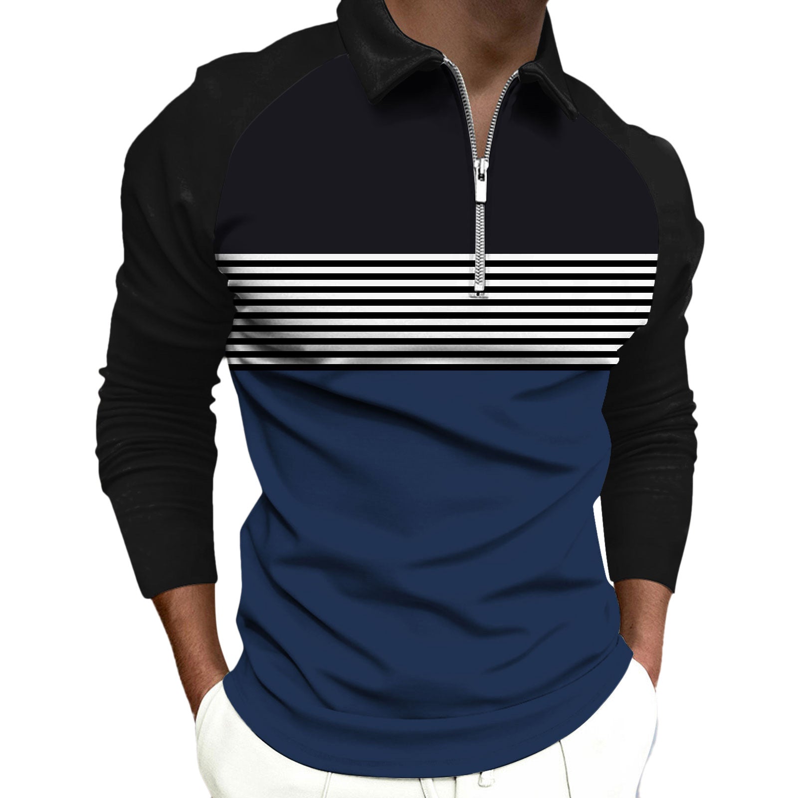 Striped Black Raglan Polo Shirt Printed Simple Zipper Lapel Long Sleeve T-shirt Men