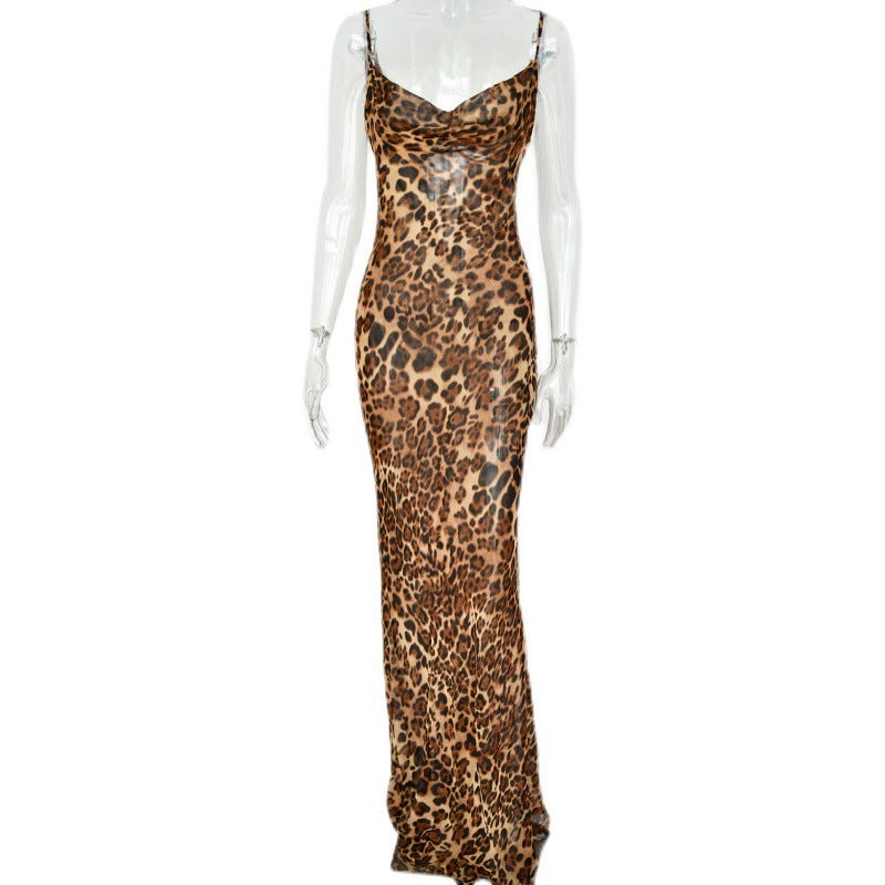 Leopard Bodycon Women Lace Up Long Dress