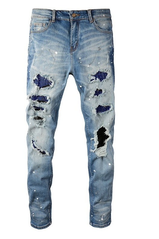 Hot Diamond Speckle Paint Elastic Slim Fit Light Jeans For Men