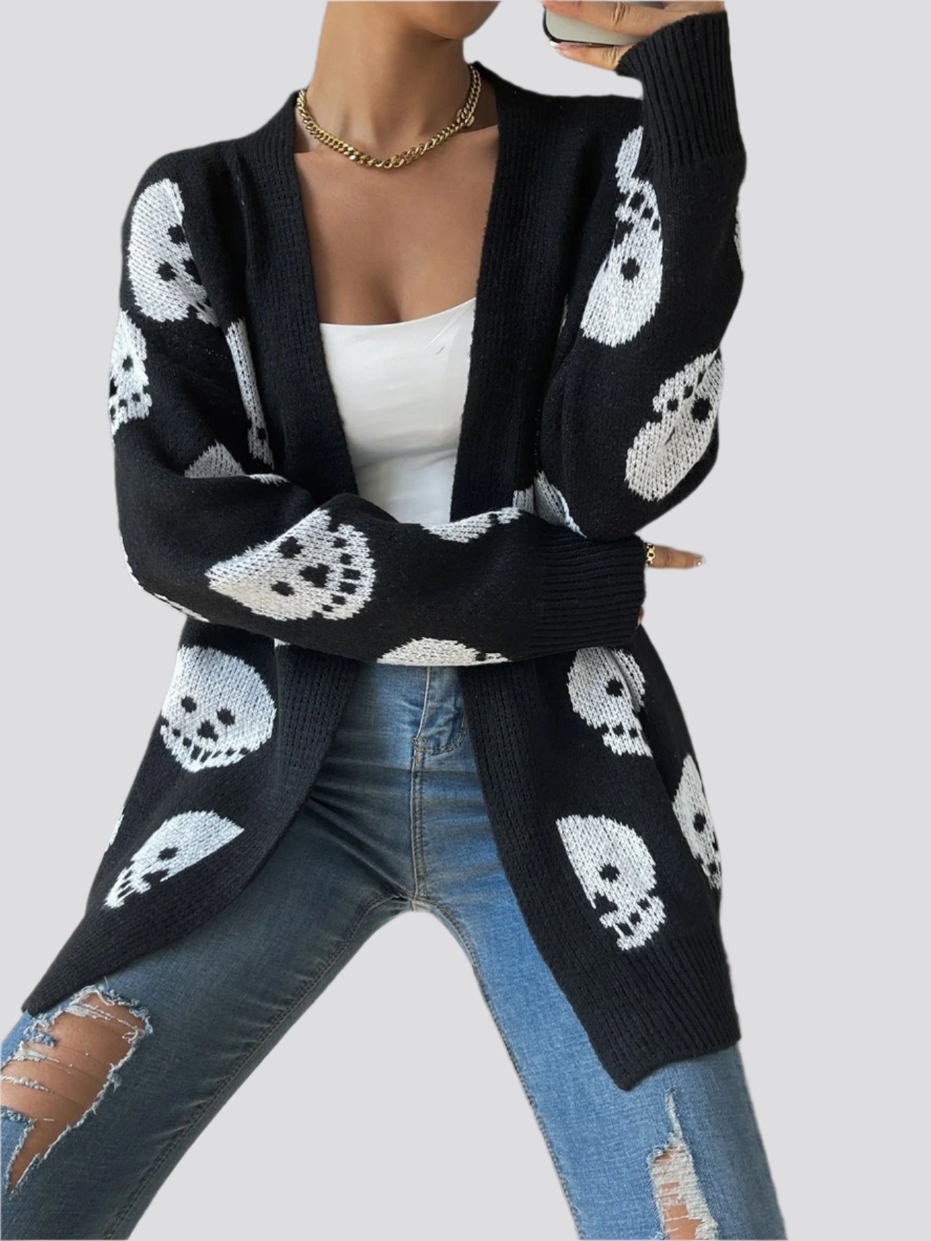 Women's Fashion Casual Halloween Skull Jacquard Knitted Long Sleeve Cardigan