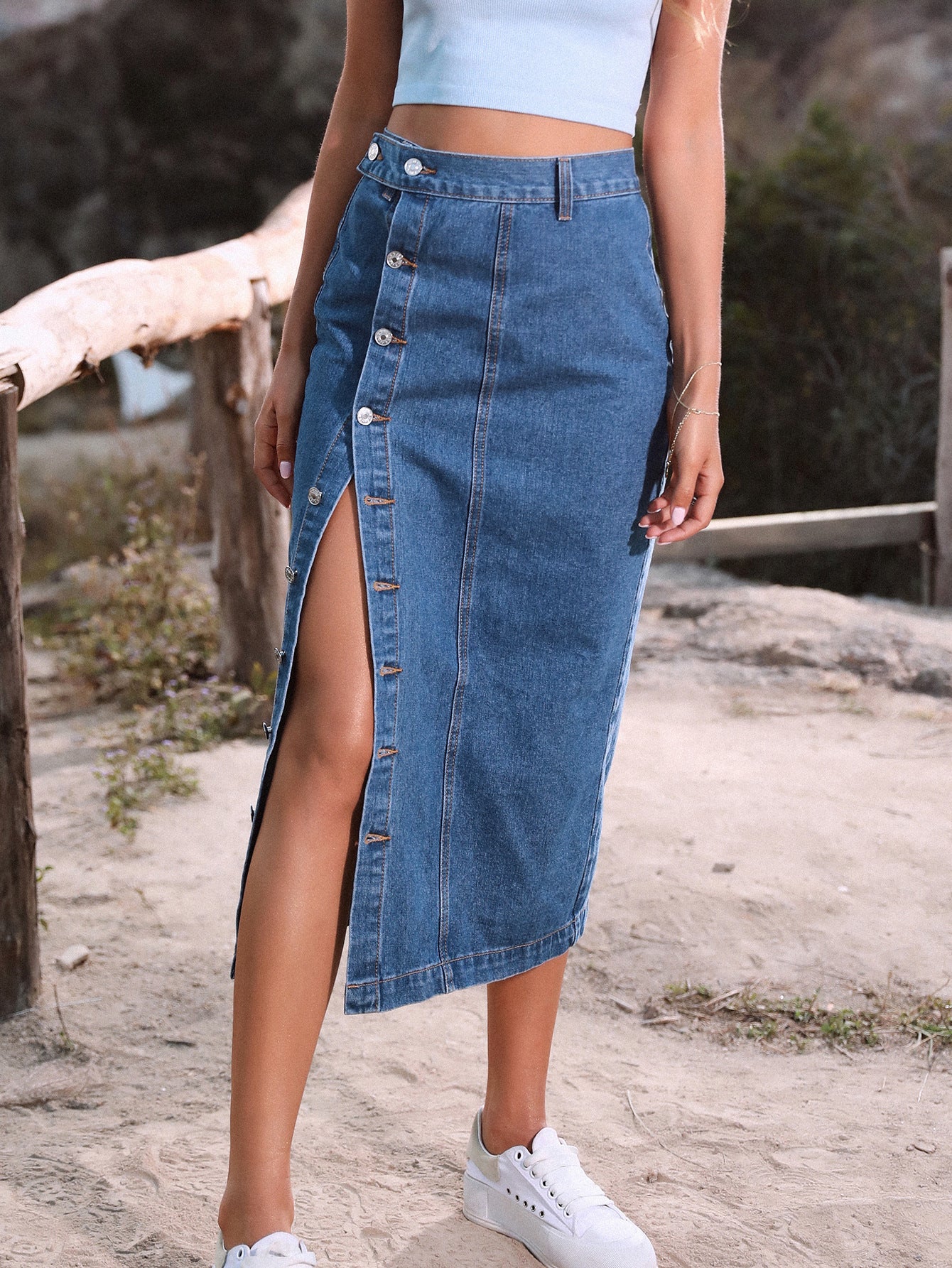 Button Irregular Slit Skirt Denim High Waist Long Skirt