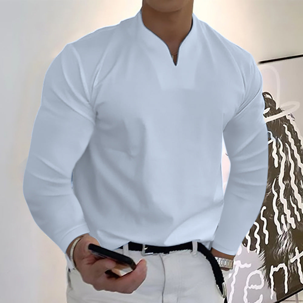 Male Fashion Casual Solid Color V-neck Long Sleeve Shirts