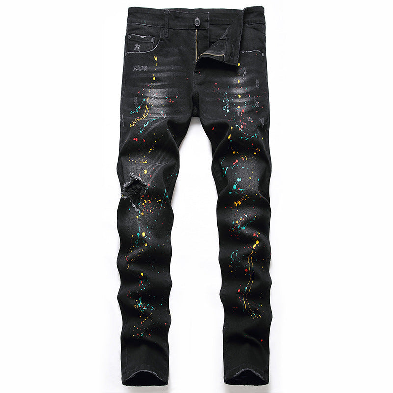 New Stretch Men's Black Trousers Slim Fit Ripped Men's Jeans