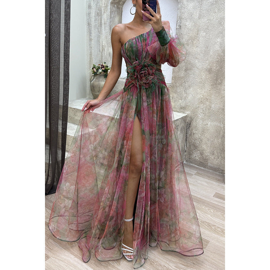 Mesh Tie-dye Printed Off-shoulder Slit Dress Summer INS Fashion Long Dress Party Womens Clothing