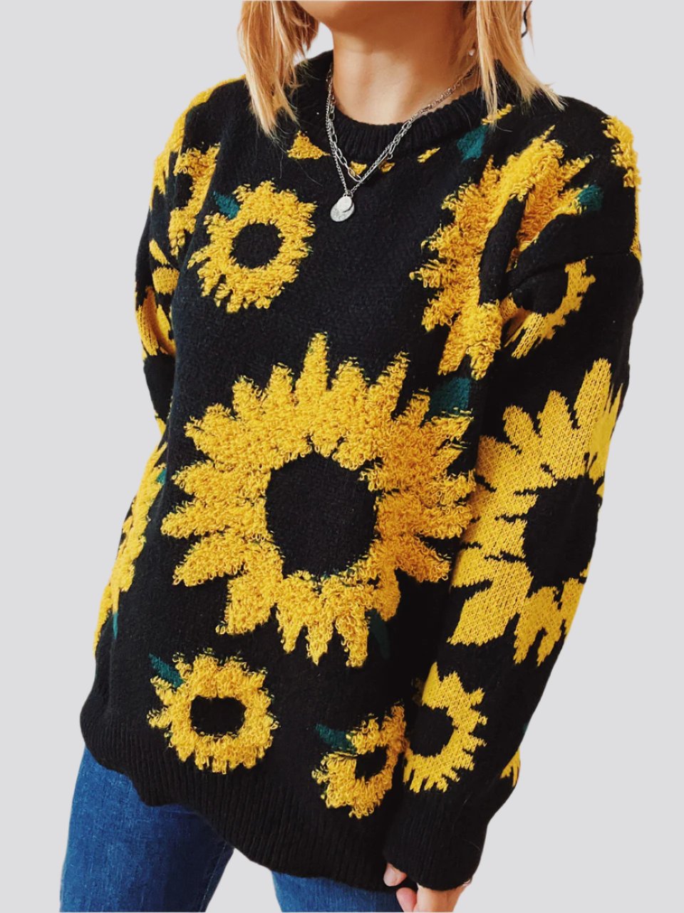 Women's Fashion Casual Sunflower Jacquard Round Neck Long Sleeve Sweater