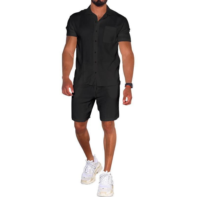 Cross-border Summer Menswear Suit Polo Collar Solid Color Short-sleeved Shorts Suit Button Four-sided Stretch Shirt