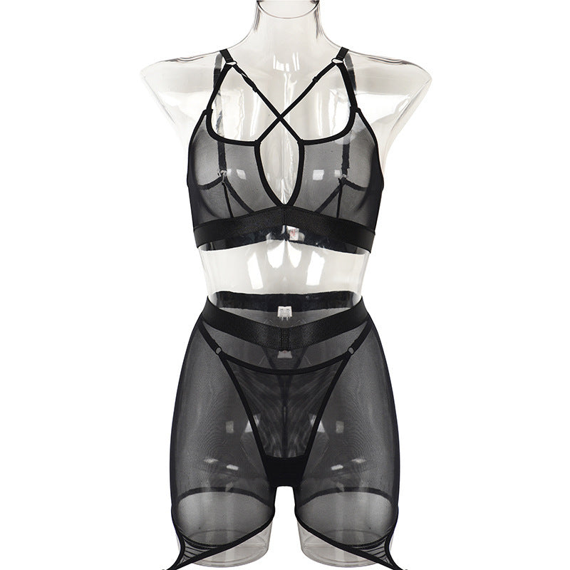 Women's Fashion Pure Color Mesh Cross Shapewear Three-piece Set