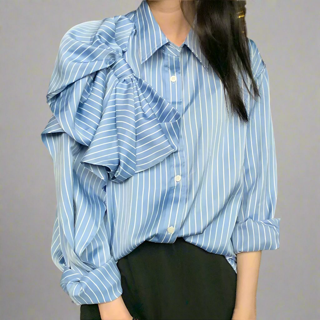 Casual Blue Striped Shirts For Women Lapel Long Sleeve Korean Bowknot Patchwork Blouses