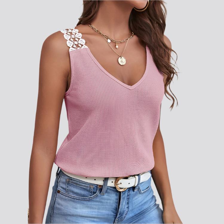 Waffle V-Neck Vest Sleeveless Lace Tank Shirt Tops Summer