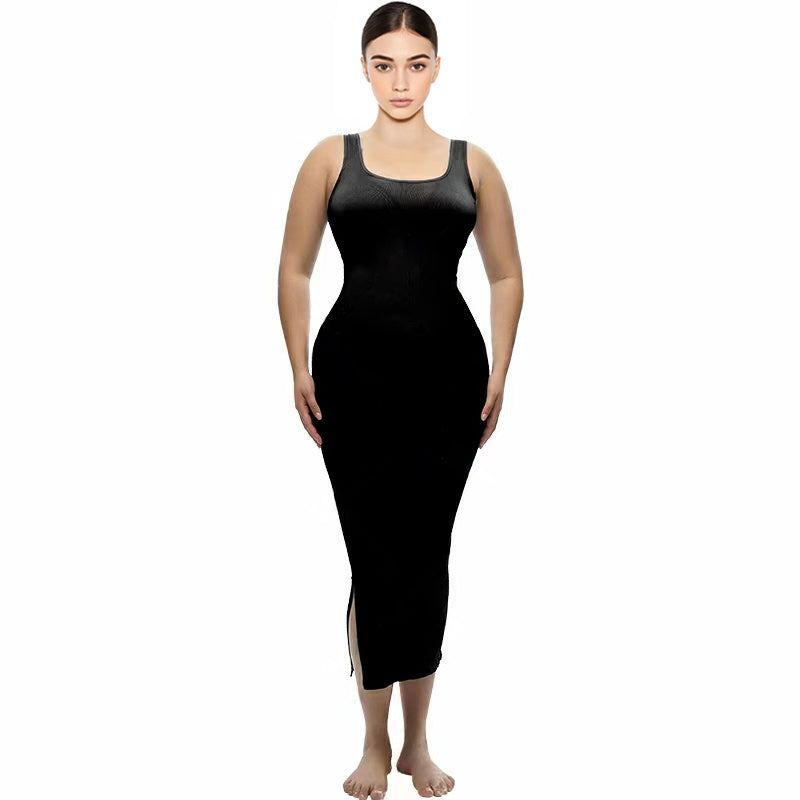 Ladies Wearing A Square Neckline Shapewear Dress On Both Sides