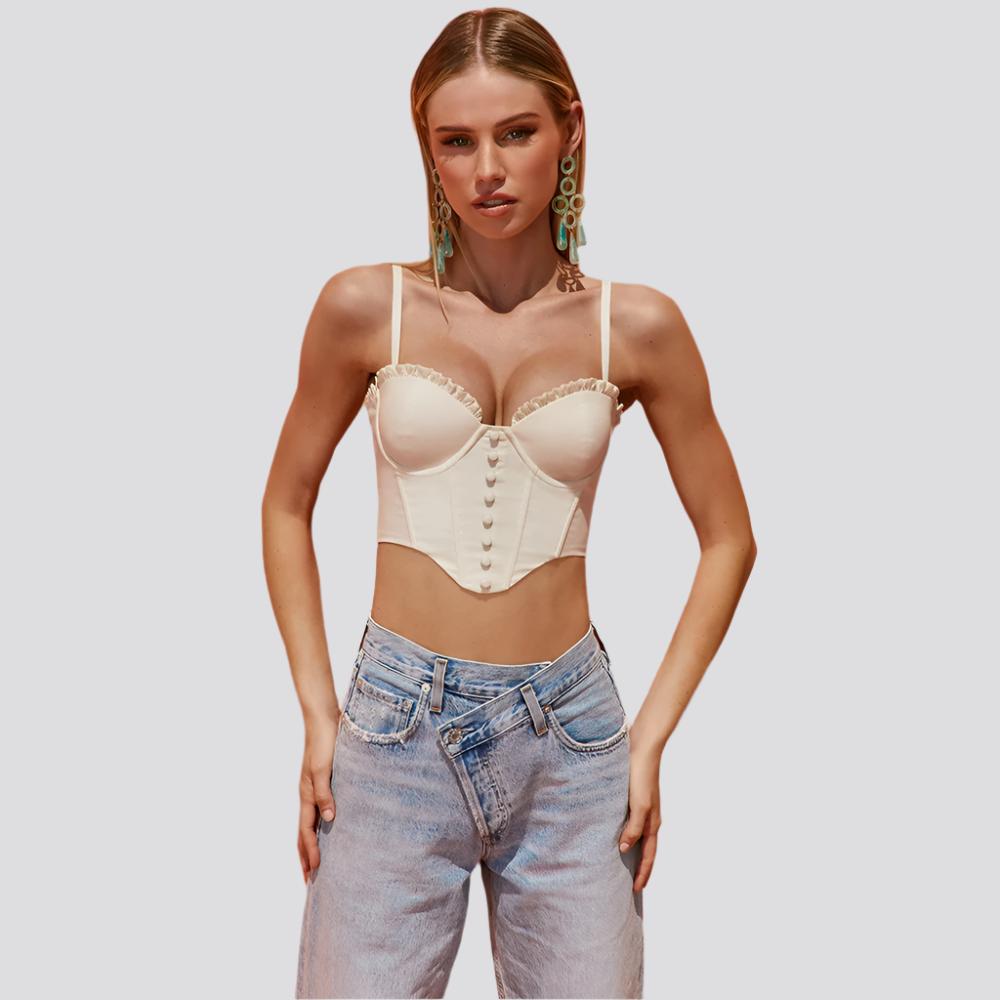 Printed Halter Fishbone Corset Lace Short Vest Crop Top