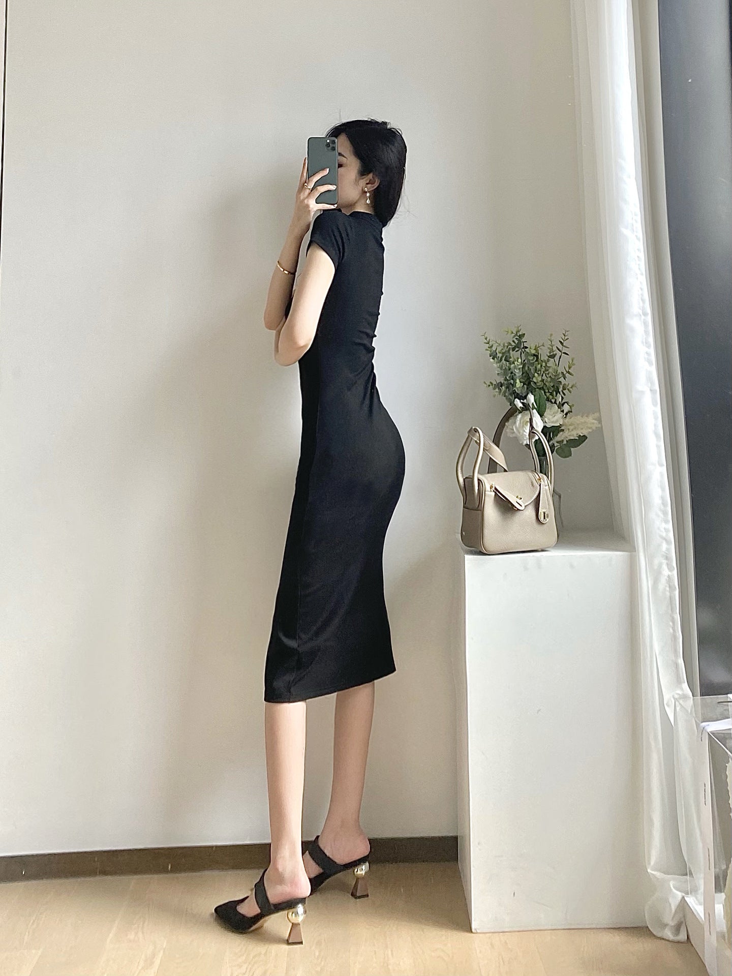 Black Ruched Bodycon Mid Length Dress