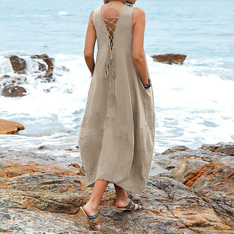 Women's Cotton And Linen V-neck Pocket Casual Dress